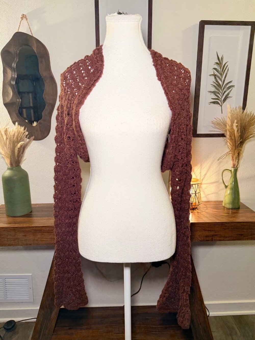 Beyond the Radar Crochet Cropped Cardigan Bolero Bell Sleeve Rust L